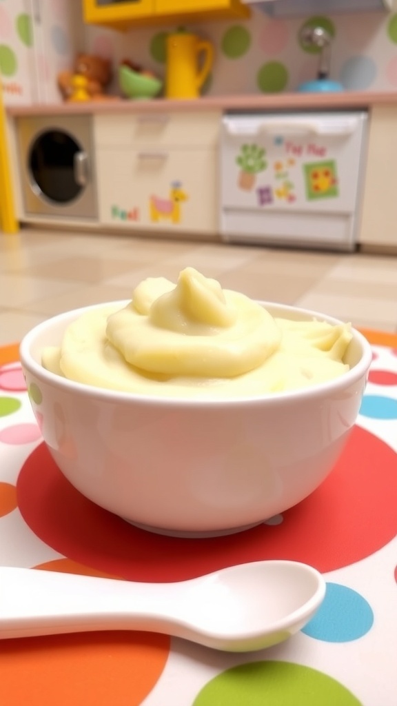 A bowl of smooth mashed potatoes for babies on a colorful mat with a spoon.